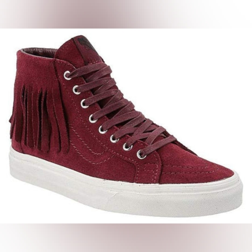 Vans Sk8 HI Mock Suede Womens High Tops Boho Fringe Sneakers Red Berry Size US 8 - Picture 3 of 15